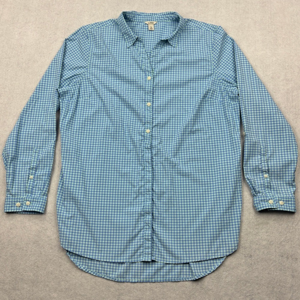 LL Bean Shirt Womens XL Blue Green Gingham Trail Roll Tab Stretch Hiking Outdoor